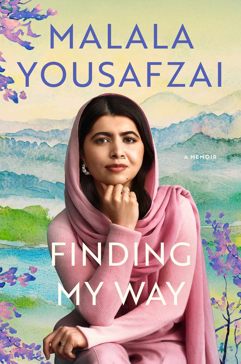 Buchcover „Finding My Way“ von Malala Yousafzai mit Porträt in rosa Kleidung vor Aquarelllandschaft
