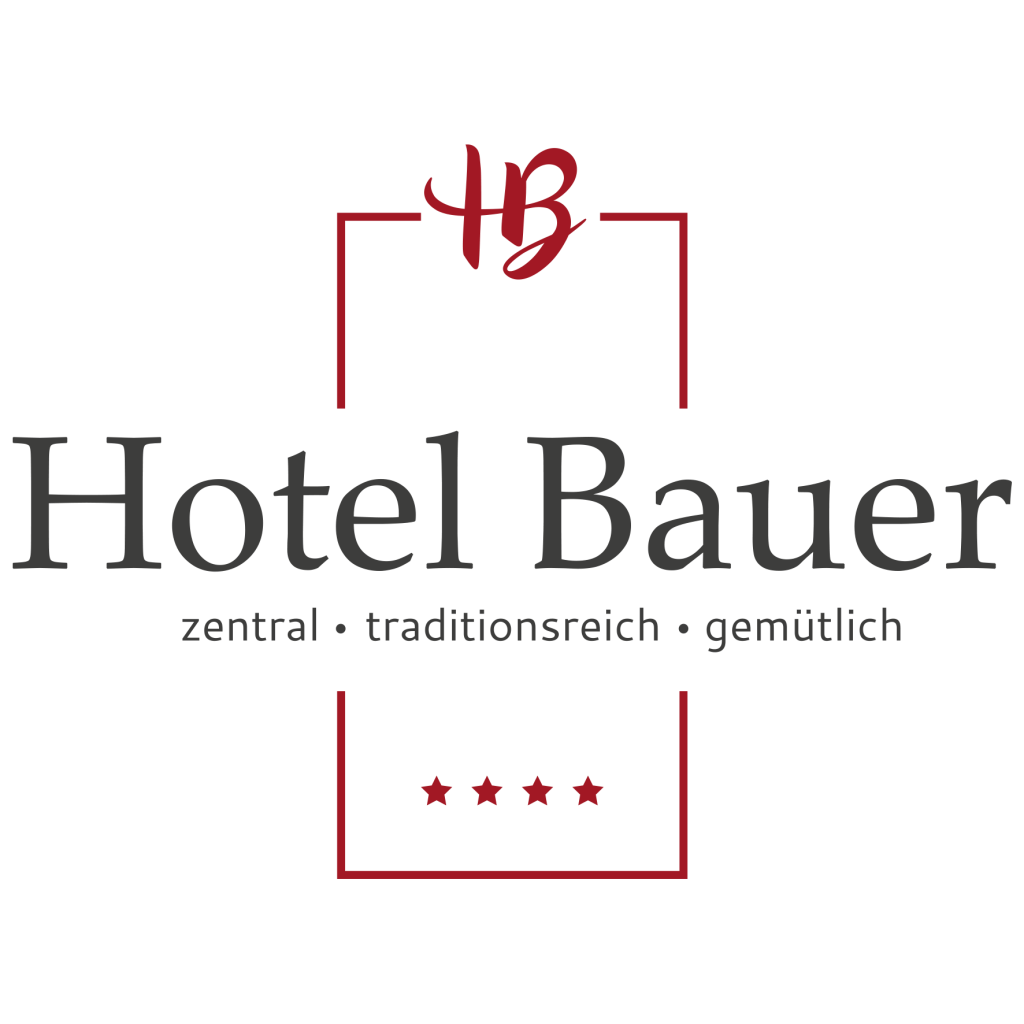 Logo mit Schriftzug Hotel Bauer, rotem Rahmen, Kürzel HB und vier roten Sternen