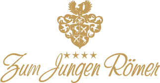Goldenes Logo des Hotels zum jungen Römer mit vier Sternen und stilisiertem Wappen.